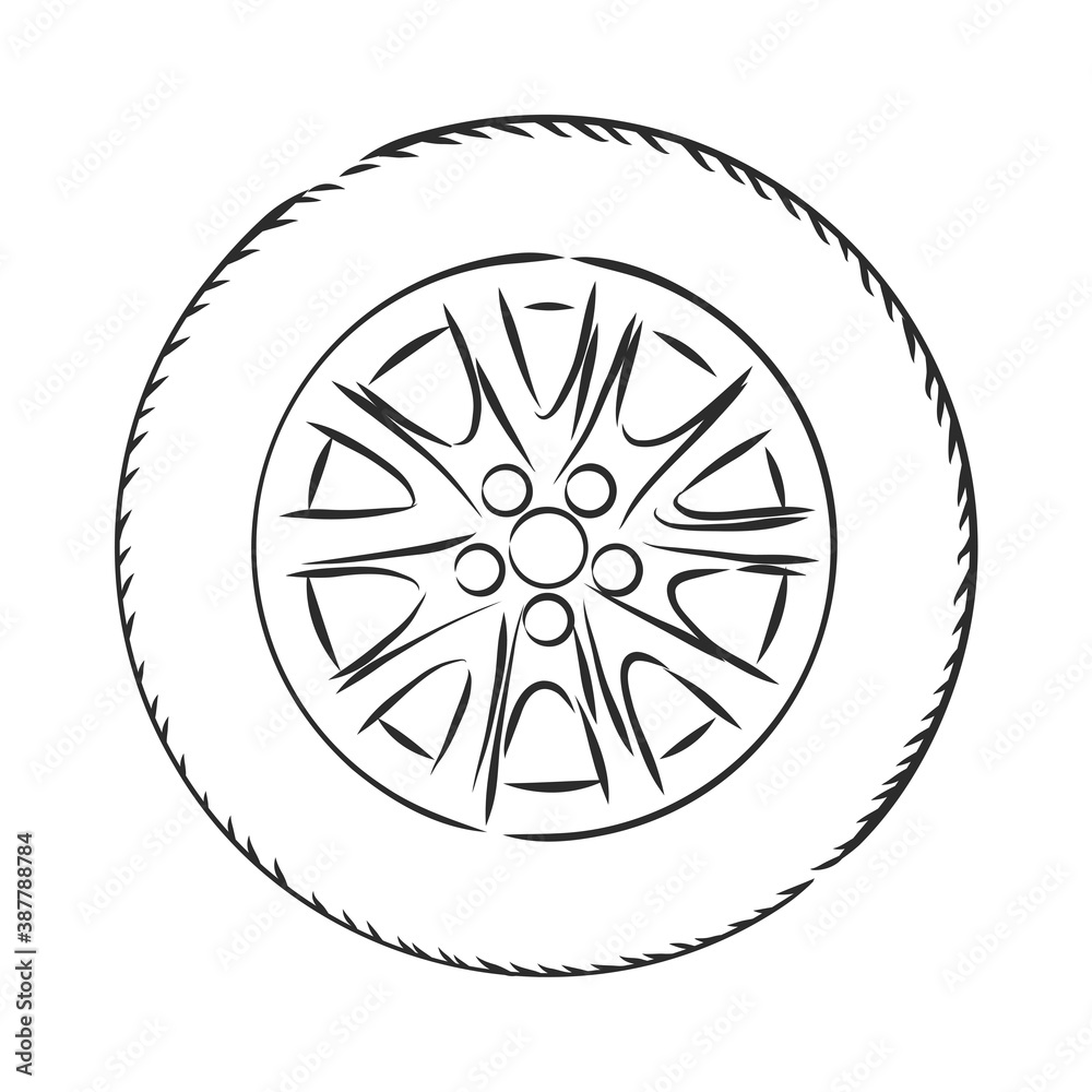 Car wheel vector sketch icon isolated on background. Hand drawn car wheel, vector sketch illustration