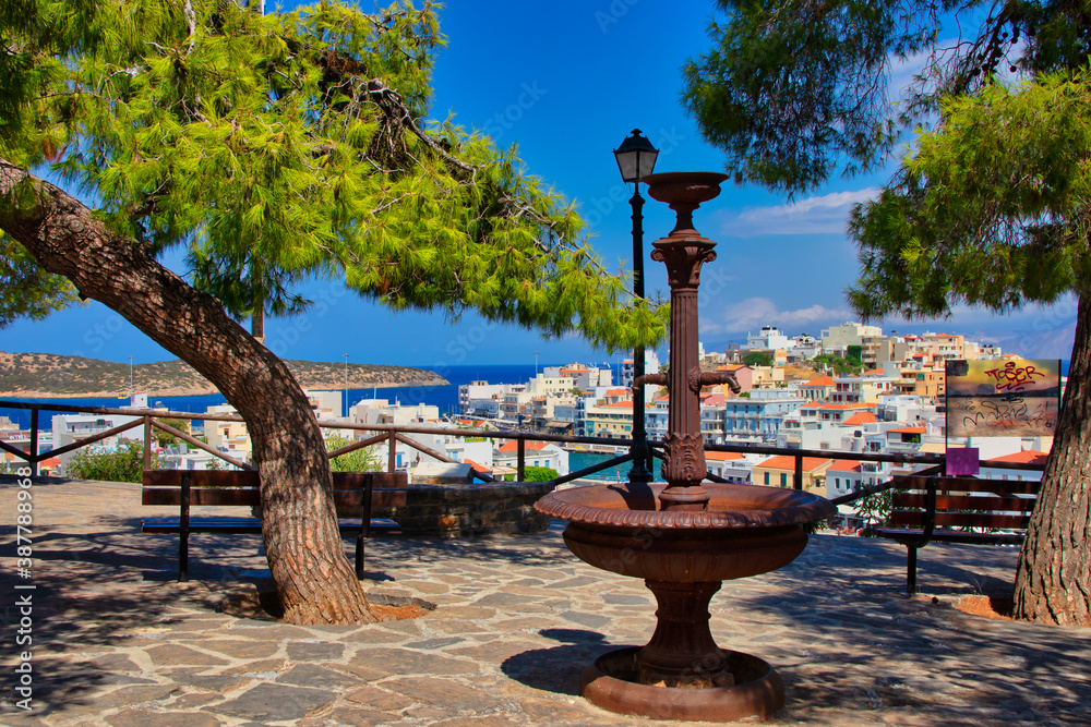 The famous viewpoint over the small harbor and lake in Agios Nikolaos on the island of Crete