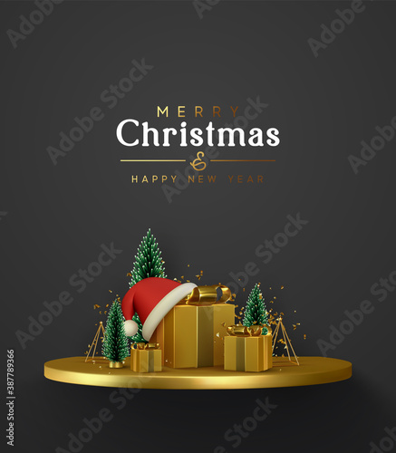 Merry Сhristmas and Happy New Year. Xmas composition golden podium with fluffy pine tree and fir trees, gold 3d gifts boxes, shiny tinsel confetti. Winter greeting desing. Holiday vector illustration