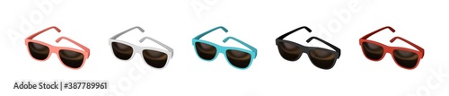 Realistic set of 3d fashion Sunglasses. Isolated on white background. Multicolored Glasses for men and women. Vector illustration.