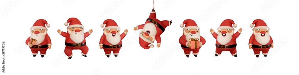 Set of Happy Santa Claus in red clothes. Realistic 3d character compatible doodle emoji elements on face. Collection objects Isolated on white background for Xmas festive design. Vector illustration Set of Happy Santa Claus in red clothes. Realistic 3d character compatible doodle emoji elements on face. Collection objects Isolated on white background for Xmas festive design. Vector illustration