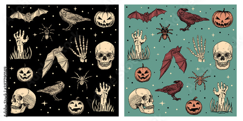 Halloween seamless pattern. Hand drawn illustration