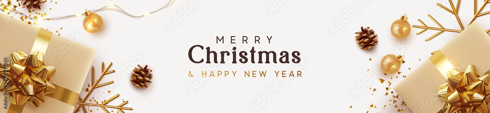 Christmas banner. Background Xmas design of sparkling lights garland, with realistic gifts box, golden snowflake and glitter gold confetti. Horizontal christmas poster, greeting cards, headers website - obrazy, fototapety, plakaty 