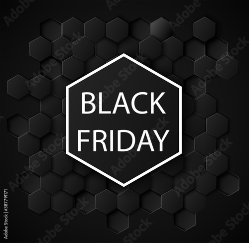 carte ou bandeau sur les "black friday" en blanc  dans un hexagone noir à bordure blanche  sur un fond noir avec plein de petits hexagones  