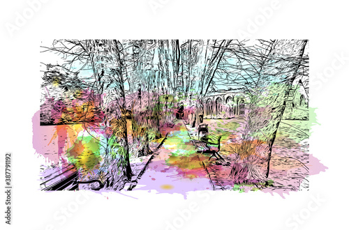 Building view with landmark of Bristol is a city straddling the River Avon in the southwest of England. Watercolor splash with hand drawn sketch illustration in vector.