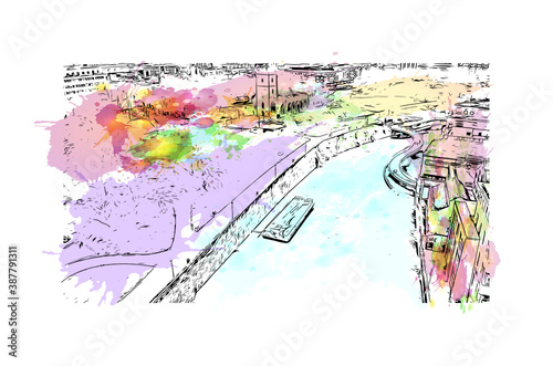 Building view with landmark of Bristol is a city straddling the River Avon in the southwest of England. Watercolor splash with hand drawn sketch illustration in vector.