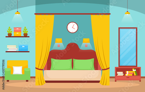 Bedroom Sleeping Room Bed Interior Design Modern House Illustration