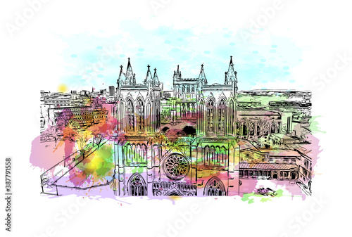 Building view with landmark of Bristol is a city straddling the River Avon in the southwest of England. Watercolor splash with hand drawn sketch illustration in vector.