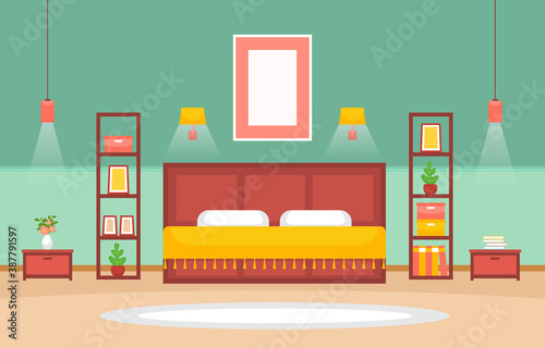 Bedroom Sleeping Room Bed Interior Design Modern House Illustration