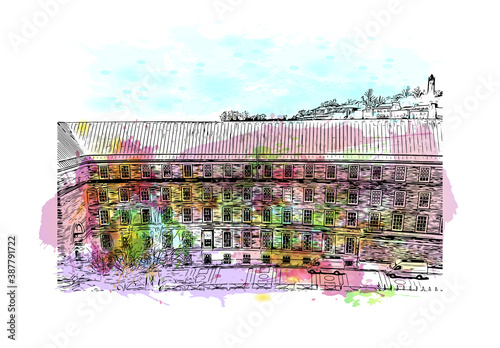 Building view with landmark of Bristol is a city straddling the River Avon in the southwest of England. Watercolor splash with hand drawn sketch illustration in vector.