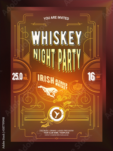Whiskey night party flyer, banner or template design with gatsby frame on brown background. Vintage concept background, template, retro elements, logo, labels, layout, badge, old banner, card