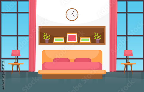Bedroom Sleeping Room Bed Interior Design Modern House Illustration