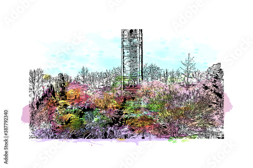 Building view with landmark of Bristol is a city straddling the River Avon in the southwest of England. Watercolor splash with hand drawn sketch illustration in vector.