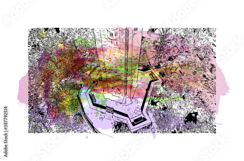 Building view with landmark of Bristol is a city straddling the River Avon in the southwest of England. Watercolor splash with hand drawn sketch illustration in vector.