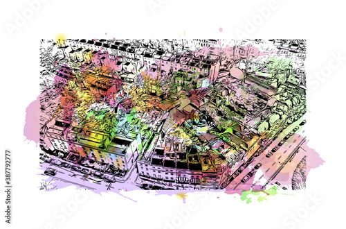 Building view with landmark of Bristol is a city straddling the River Avon in the southwest of England. Watercolor splash with hand drawn sketch illustration in vector.