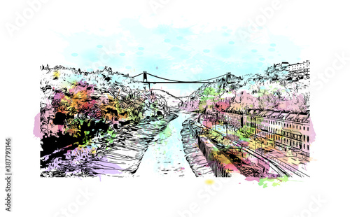 Building view with landmark of Bristol is a city straddling the River Avon in the southwest of England. Watercolor splash with hand drawn sketch illustration in vector.