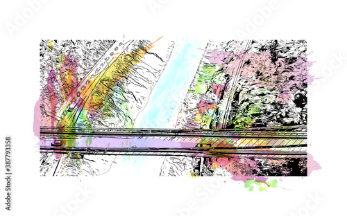 Building view with landmark of Bristol is a city straddling the River Avon in the southwest of England. Watercolor splash with hand drawn sketch illustration in vector.