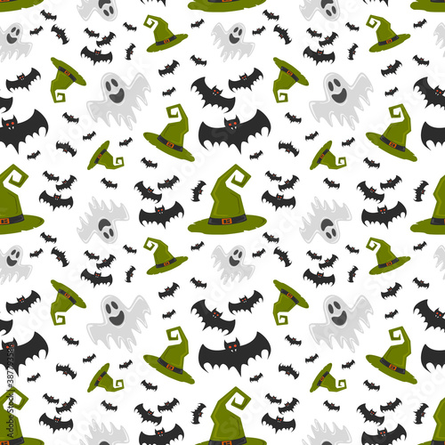 Pattern with ghost, bats and witch hat . Helloween.  illustration. or gift paper, textiles, clothes, social networks, wallpaper, prints, festive decor.