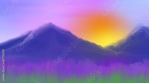 Landscape painting, Mountains with lavender field and sunset sky backgroud