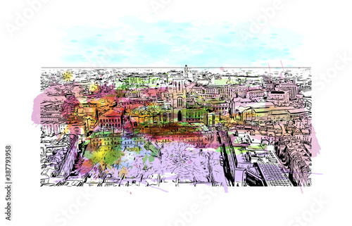 Building view with landmark of Bristol is a city straddling the River Avon in the southwest of England. Watercolor splash with hand drawn sketch illustration in vector.