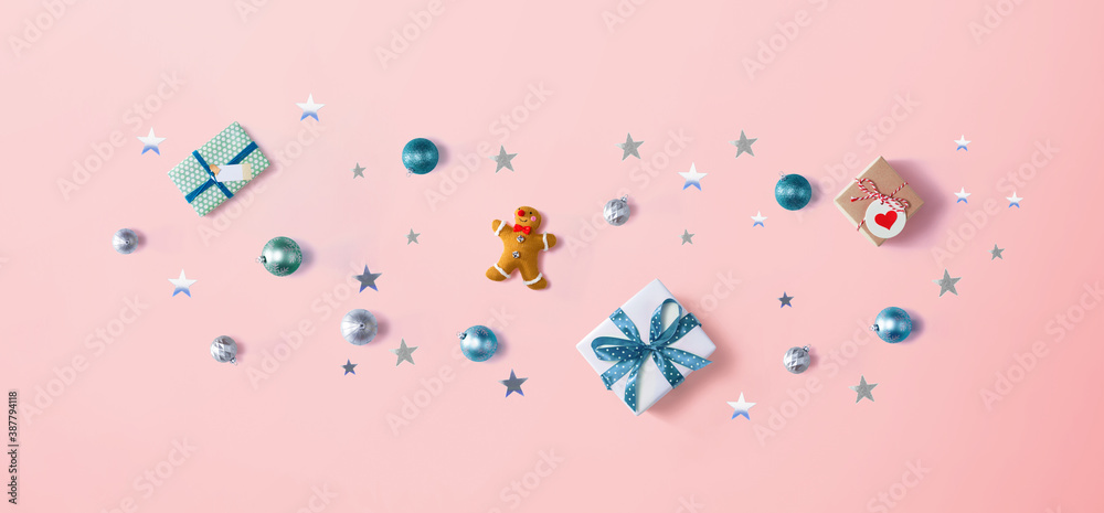Collection of Christmas ornaments - overhead view flat lay Collection of Christmas ornaments - overhead view flat lay