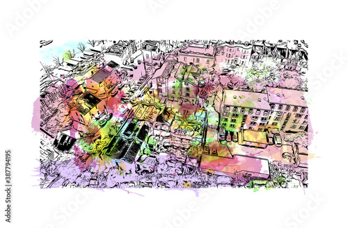 Building view with landmark of Bristol is a city straddling the River Avon in the southwest of England. Watercolor splash with hand drawn sketch illustration in vector.