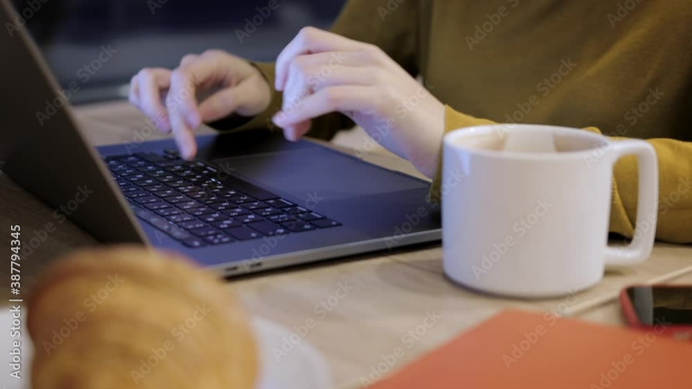 Female hands typing in laptop, coffee and croissant on the table. Young woman working in a cafe indoors, no face, gimbal shot of hands and keyboard Female hands typing in laptop, coffee and croissant on the table. Young woman working in a cafe indoors, no face, gimbal shot of hands and keyboard