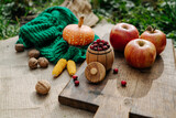 autumn harvest, pumpkin, nuts, apples, corn, red berries on a wooden board in the garden