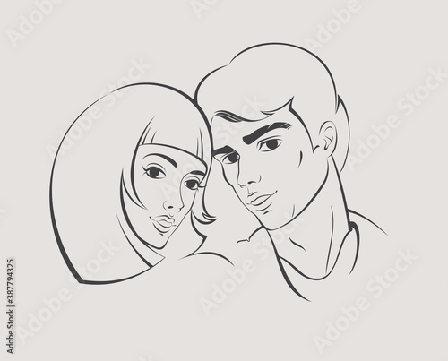 Portrait of a happy smiling young couple. Young man and young woman faces. Happy family. Vector illustration.
