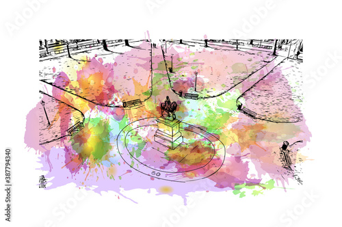 Building view with landmark of Bristol is a city straddling the River Avon in the southwest of England. Watercolor splash with hand drawn sketch illustration in vector.