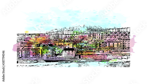 Building view with landmark of Bristol is a city straddling the River Avon in the southwest of England. Watercolor splash with hand drawn sketch illustration in vector.