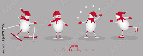 Set of winter cute Christmas snowmen. Vector illustrations. Snowmen go skiing, skating, performing in the circus.