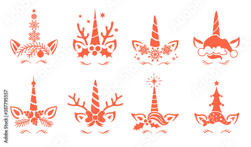 Set of Christmas unicorns vector illustration. Cute face and unicorn head. Design for shirts postcards and posters. Fairy magic reindeer with horns. Silhouette isolated on white background.