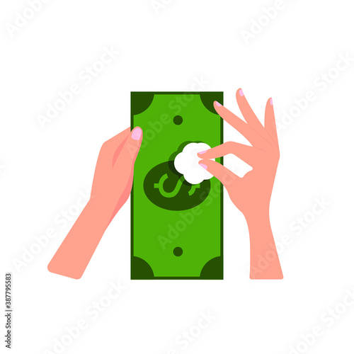 Clean money with a cotton pad, hand holds a dollar bill. Antiseptic treatment, money laundering. Vector illustration, flat cartoon color minimal design isolated on white background, eps 10.