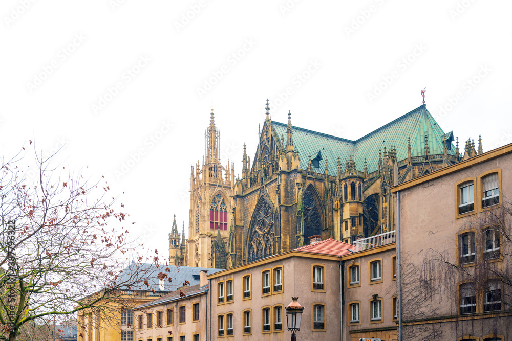 Metz, FRANCE - April 1, 2018: Traditional Cathedral building in Metz, France