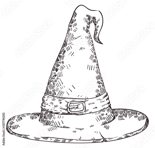 Wizard Hat with Band and Buckle in Hand Drawn Style, Vector Illustration