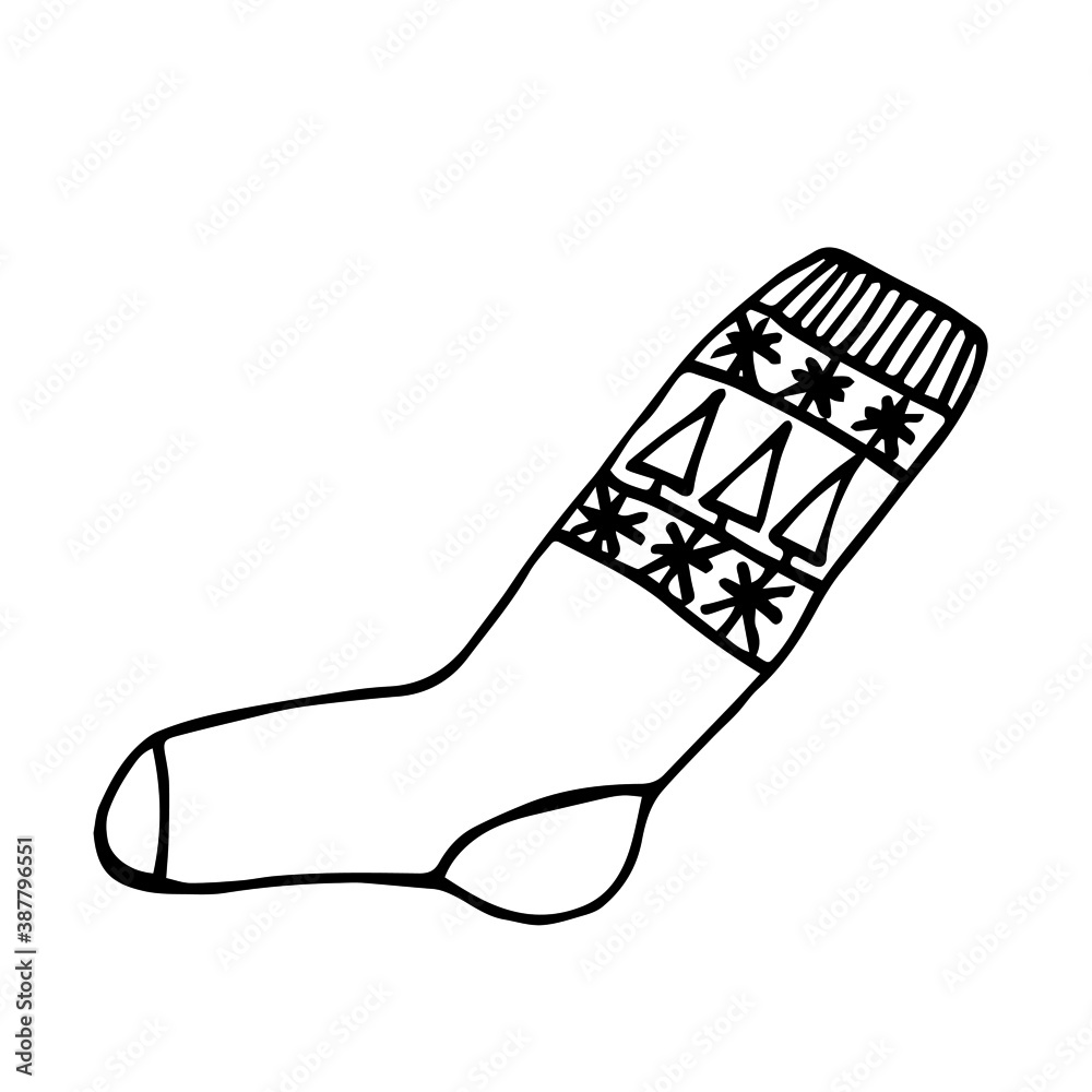 Sock with ornaments. Doodle hand drawn illustration. High quality illustration. Knitted stocking. For holiday decor. Sock with ornaments. Doodle hand drawn illustration. High quality illustration. Knitted stocking. For holiday decor.