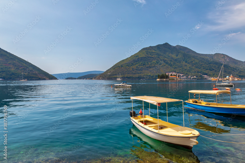 adriatic, background, bay, bay of kotor, beautiful, beautiful location, blue, blue sky, boat, boats, calm, coast, colorful, copy space, destination, fishing, fishing boats, harbour, holiday, horizon, 