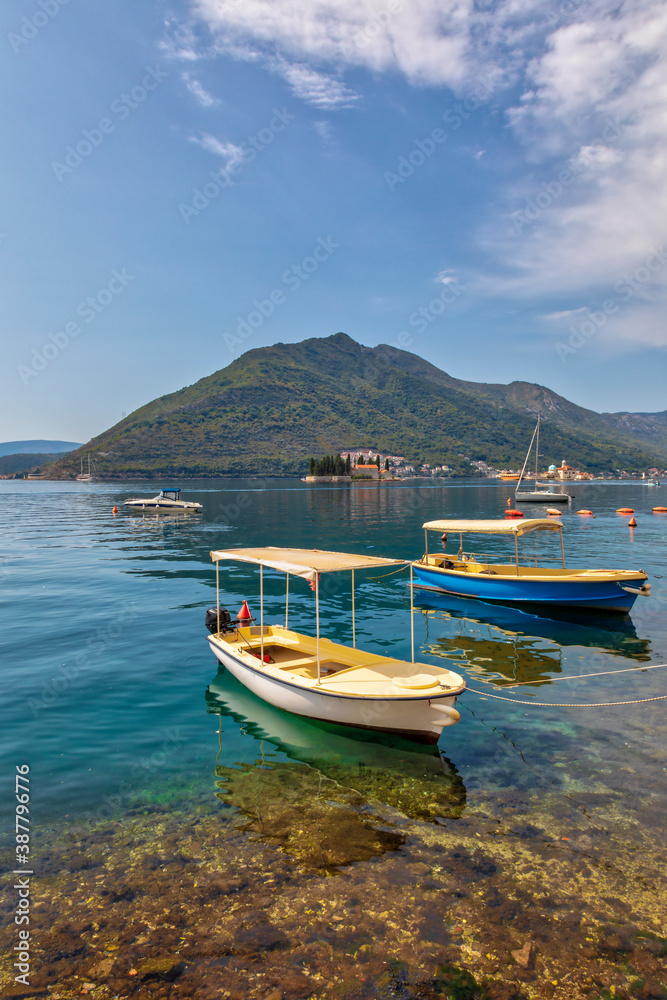 adriatic, background, bay, bay of kotor, beautiful, beautiful location, blue, blue sky, boat, boats, calm, coast, colorful, copy space, destination, fishing, fishing boats, harbour, holiday, horizon, 
