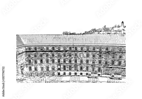 Building view with landmark of Bristol is a city straddling the River Avon in the southwest of England. Hand drawn sketch illustration in vector.