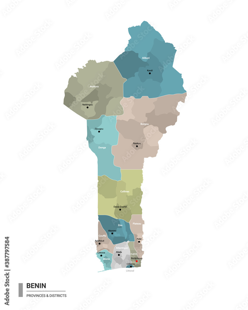 Benin higt detailed map with subdivisions.