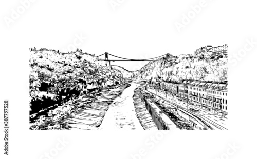 Building view with landmark of Bristol is a city straddling the River Avon in the southwest of England. Hand drawn sketch illustration in vector.