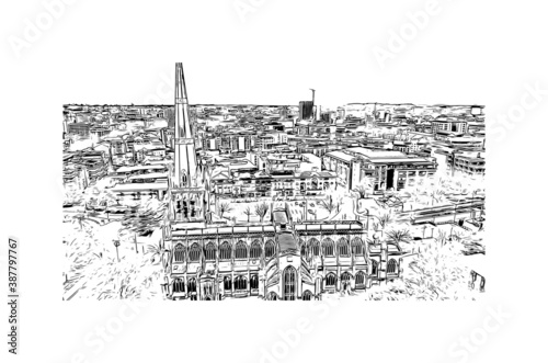 Building view with landmark of Bristol is a city straddling the River Avon in the southwest of England. Hand drawn sketch illustration in vector.