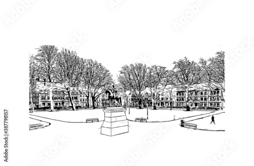 Building view with landmark of Bristol is a city straddling the River Avon in the southwest of England. Hand drawn sketch illustration in vector.