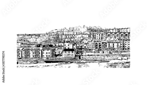 Building view with landmark of Bristol is a city straddling the River Avon in the southwest of England. Hand drawn sketch illustration in vector.