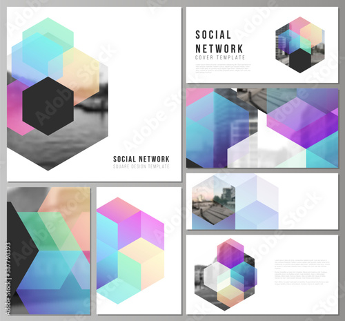 Vector layouts of modern social network mockups in popular formats with abstract shapes and colors for cover design, website design, website backgrounds or advertising mockups.