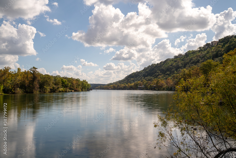 Wide Angle View of the Colordao Riverin Texas With Large Clouds in the Sky