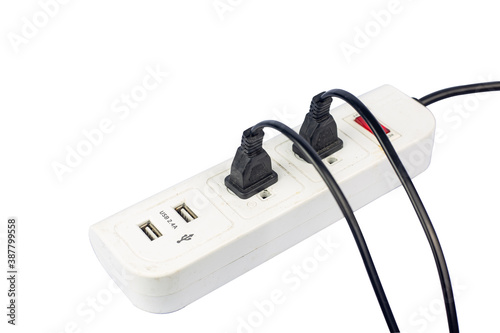 Electric socket with plug and usb isolated on white background