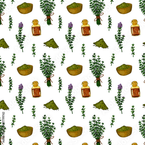 Hand drawn homeopathic and alternative medicine seamless pattern with dried herbs and mixture bottle. Vector illustration in sketch stile.