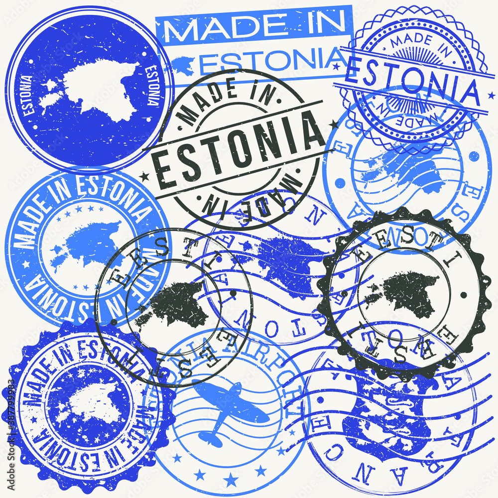 Estonia Set of Stamps. Travel Passport Stamp. Made In Product. Design Seals Old Style Insignia. Icon Clip Art Vector.